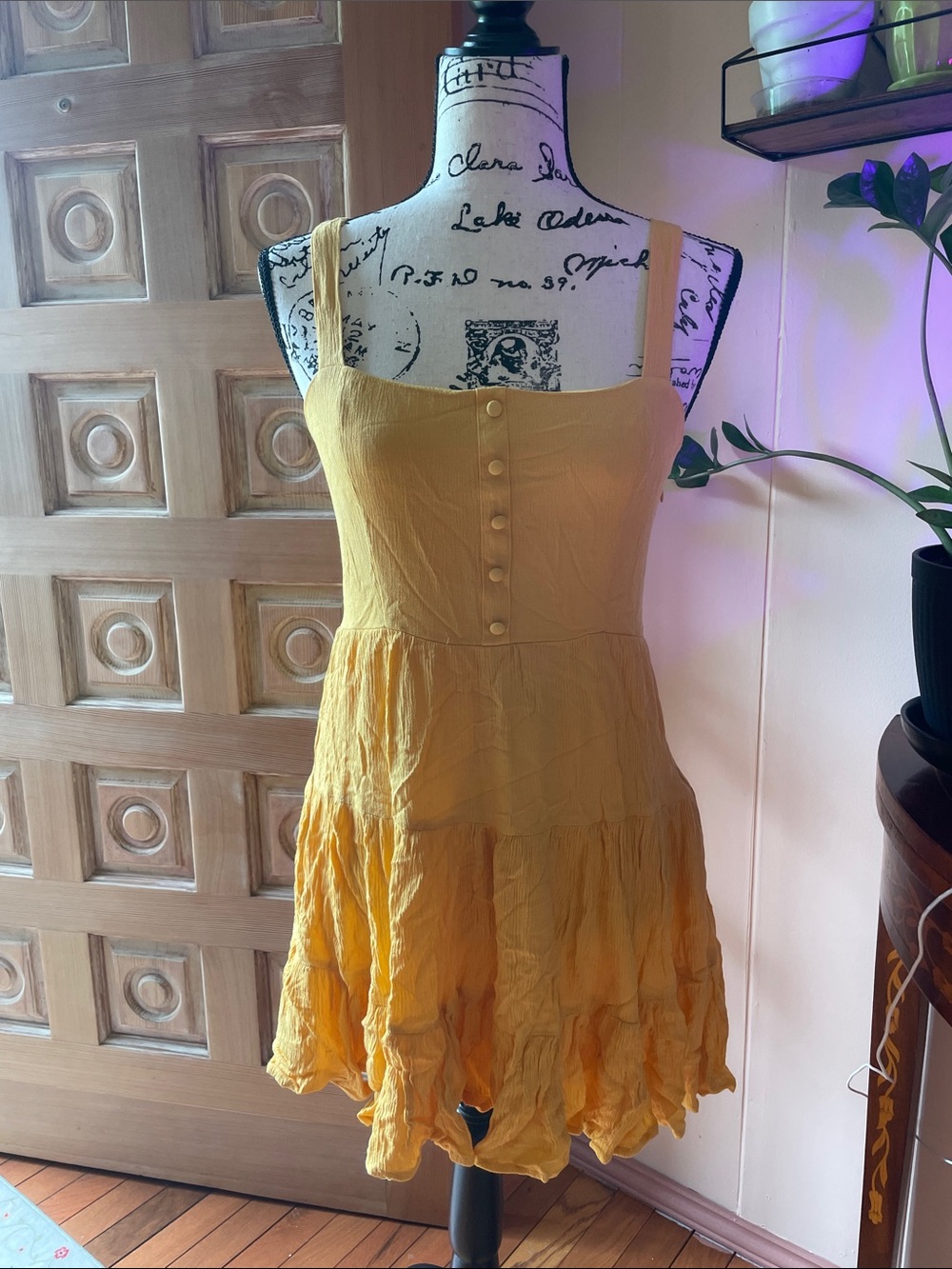 Forever 21 Yellow Button-Front Tiered Mini Dress with Square Neck